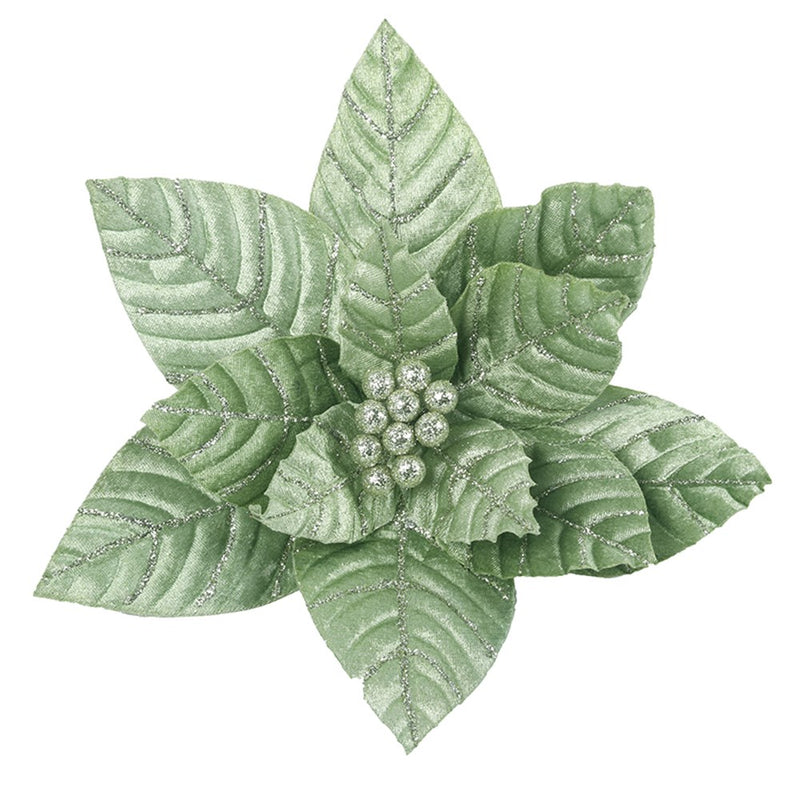 Mint Velour Poinsettia W/Clip 32cm