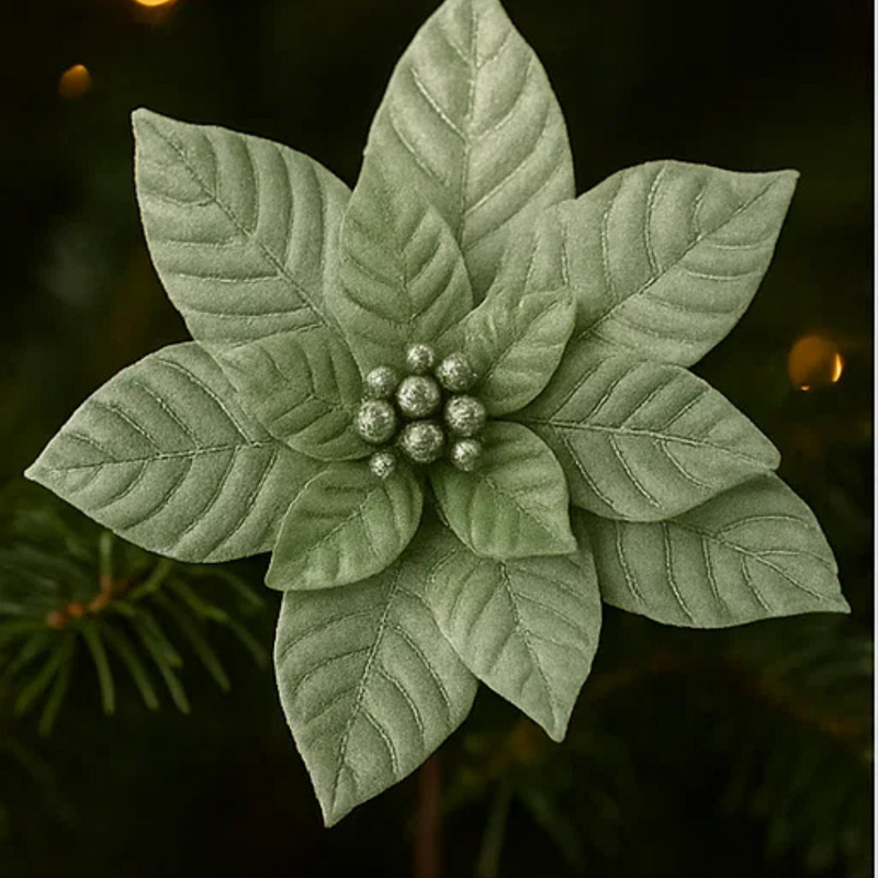 Mint Velour Poinsettia W/Clip 32cm