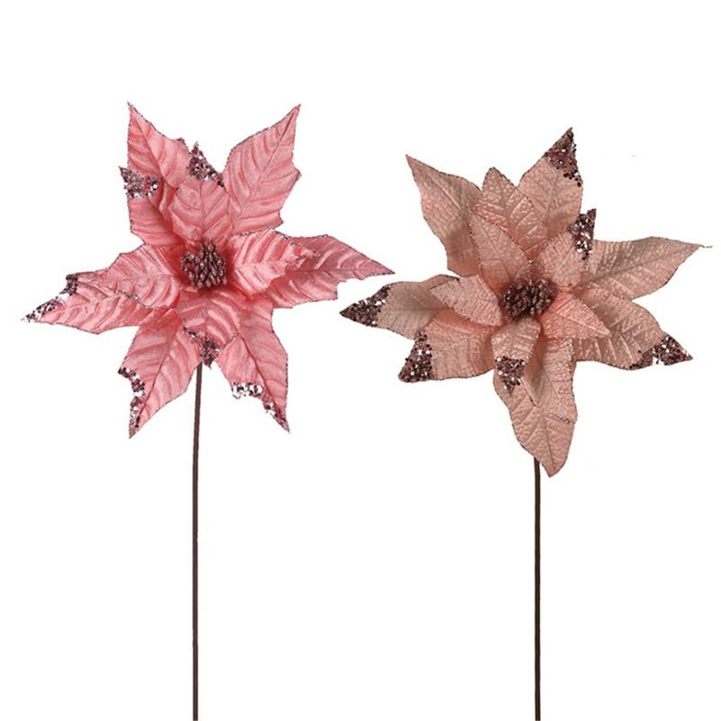 Pale Pink Velour Poinsettia 30cm W/50cm Stem 2 Asstd