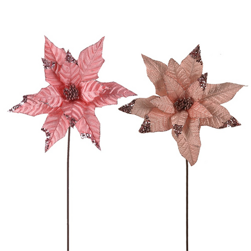 Pale Pink Velour Poinsettia 30cm W/50cm Stem 2 Asstd