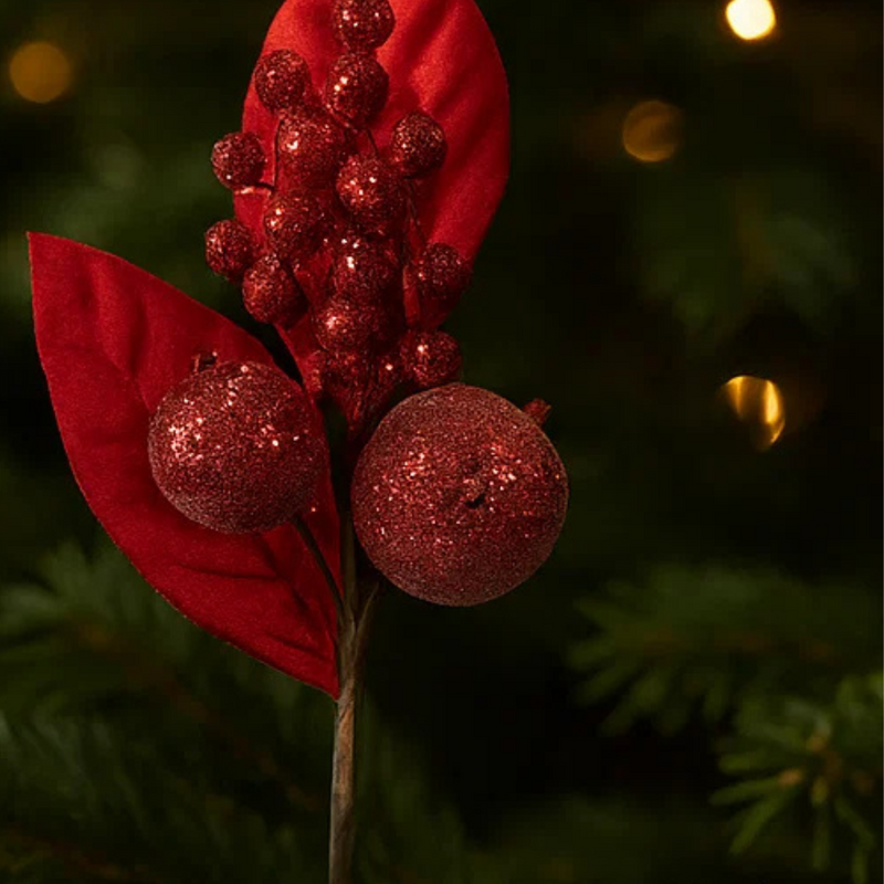 Red Velour Leaf & Apple Stem 35cm