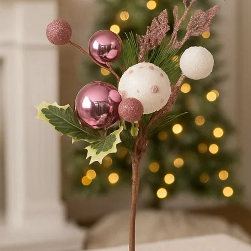 Pink Holly Pick With Baubles 25cm