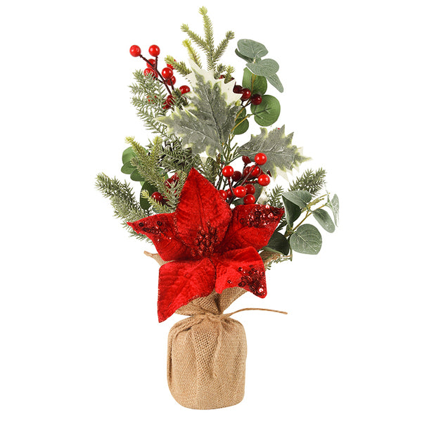 Poinsettia Tree W/ Christmas Greens In Burlap Pot 45cm