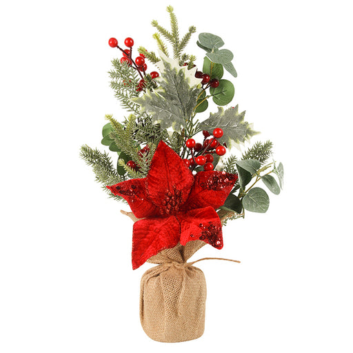 Poinsettia Tree W/ Christmas Greens In Burlap Pot 45cm