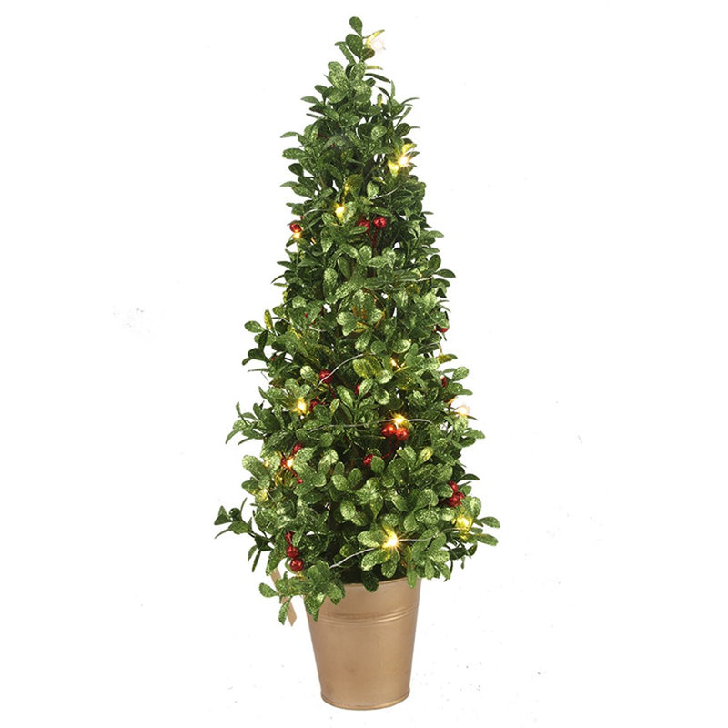 Buxis W/Berries & Lights Tree In Gold Pot 20x20x50cm