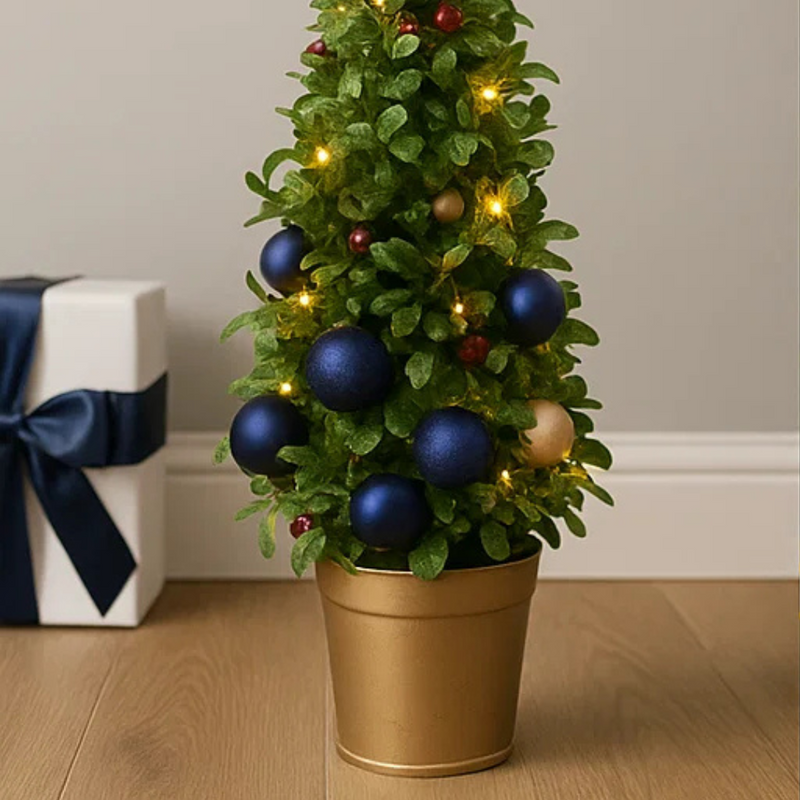 Buxis W/Berries & Lights Tree In Gold Pot 20x20x50cm