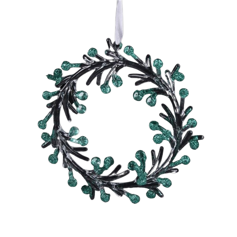 Acrylic Wreath W/Emerald Glitter Tree Ornament 14cm