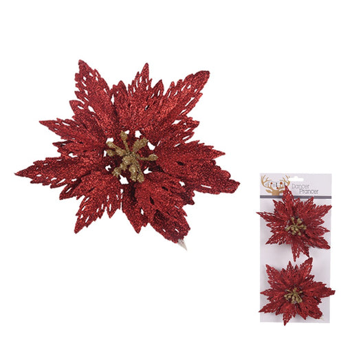 Pack of 2 red glitter poinsettia clips