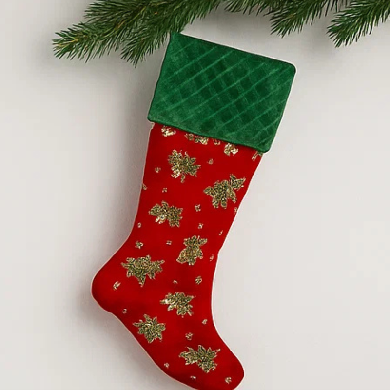 Christmas Green Velour Stocking With Holly Beading 58cm