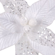 Close-up of a white flower with silver glitter on a white background