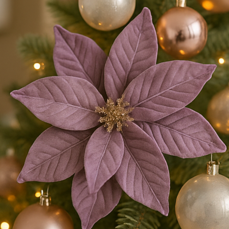 Purple artificial poinsettia flower on a Christmas tree with gold and silver ornaments.
