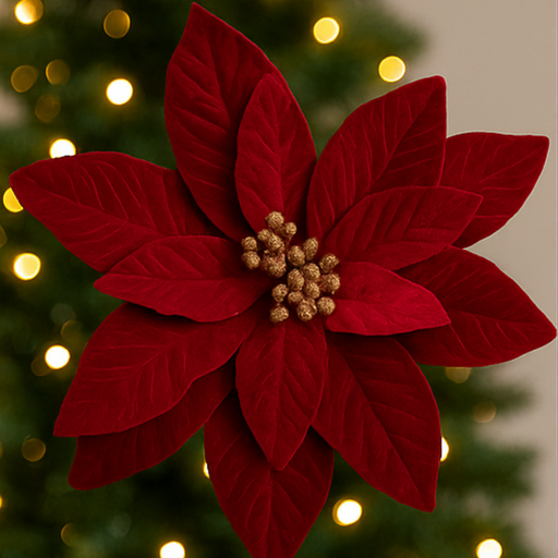 Red poinsettia flower with gold center against a blurred Christmas tree background