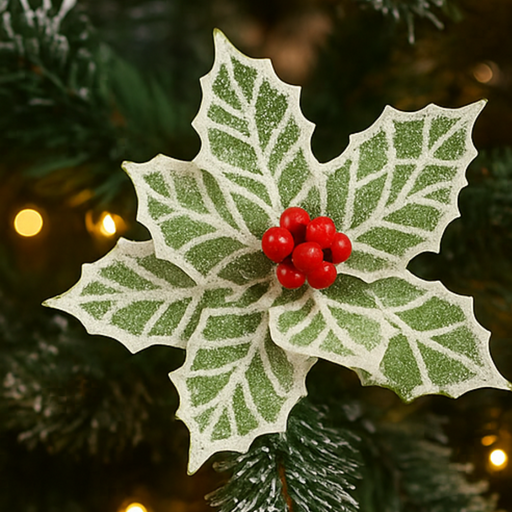 Decorative holly leaf with red berries on a blurred Christmas tree background