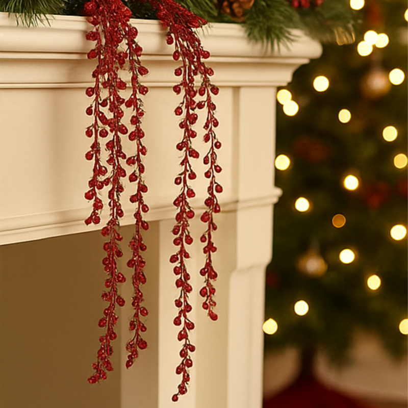 Red berry garland on a fireplace mantle with a blurred Christmas tree in the background.