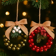 Two Christmas ornaments with bows hanging on a decorated tree.
