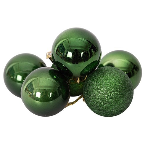 FOREST GREEN SHATTERPROOF BAUBLES 6X6CM SHINY, PEARL, GLITTER FINISH IN PVC TUBE