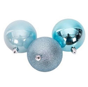 Three blue Christmas ornaments on a white background – thumbnail