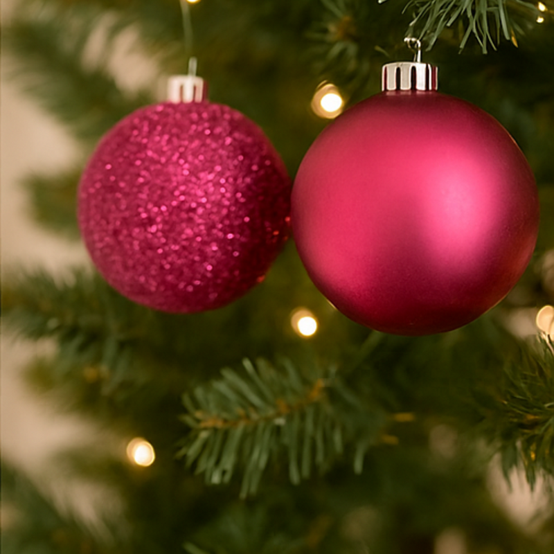 Two pink Christmas ornaments on a tree with blurred lights in the background
