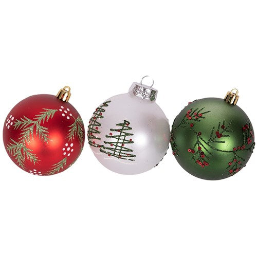 3A RED, WHITE, EMERALD SHATTERPROOF BAUBLES 8CM IN PDQ TRAY