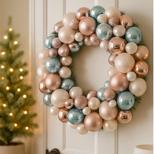 Decorative wreath made of balloons in pastel colors on a wall with a Christmas tree in the background.