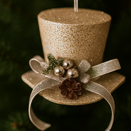Decorative candle ornament with top hat and decorative elements on a dark background