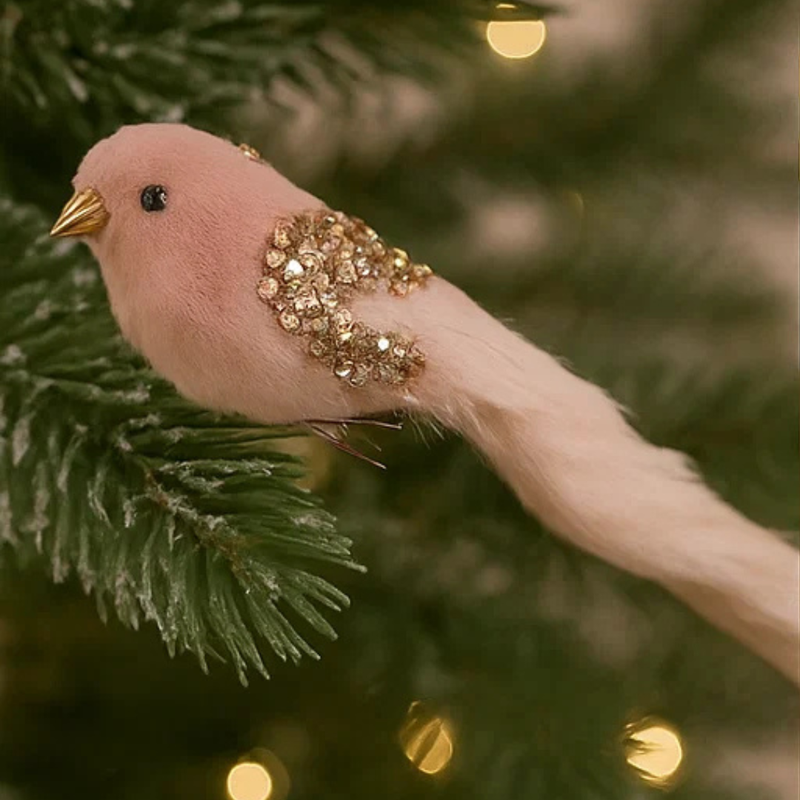 Pink Velour Bird W/clip 3x7x30cm