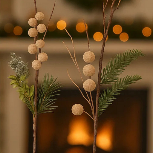 Decorative branches with spherical ornaments and green leaves against a warm, blurred background.