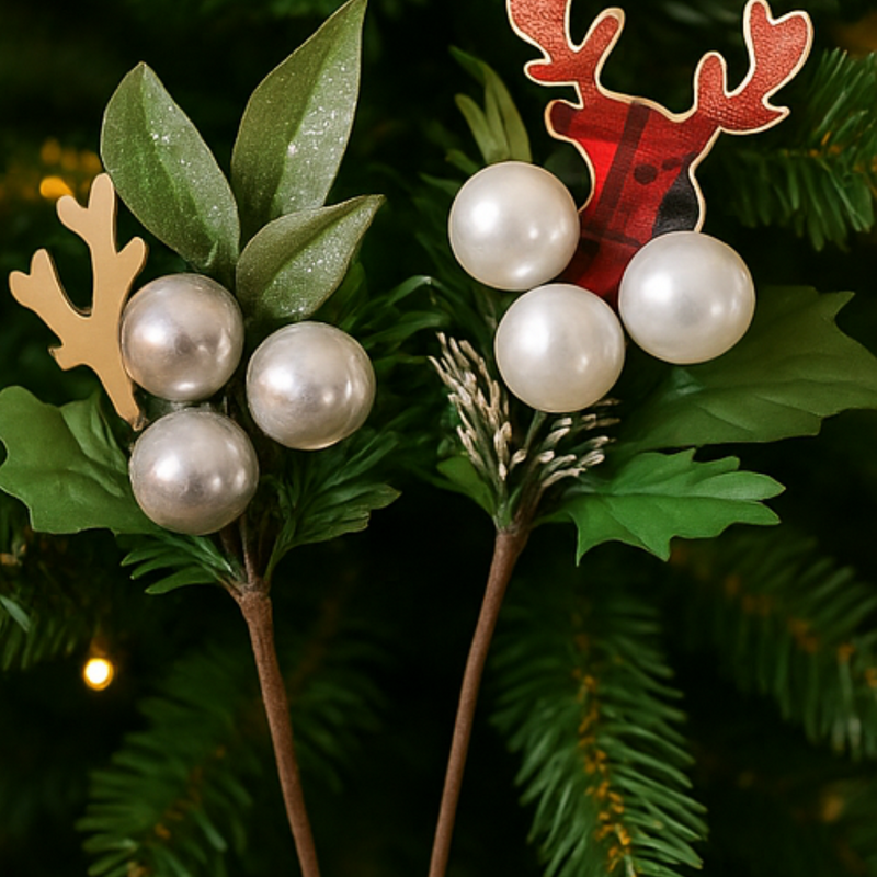 Decorative picks with pearls and reindeer antlers on a green leafy background