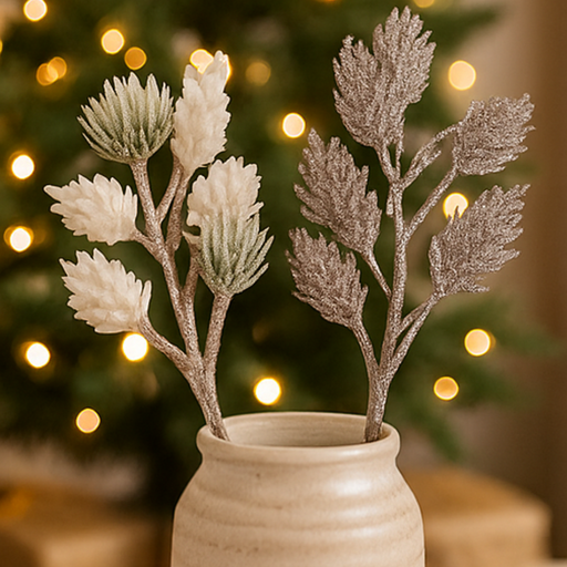 Decorative branches in a vase with a blurred festive background