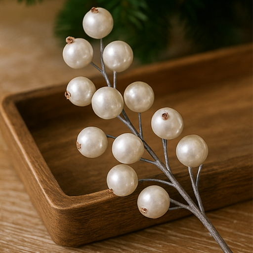 Decorative branch with white berries on a wooden surface
