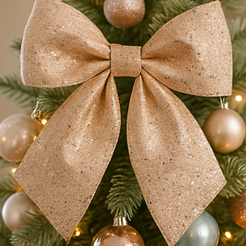 Gold glittery bow on a Christmas tree with gold ornaments.