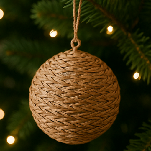 Woven brown ornament hanging on a Christmas tree with lights in the background