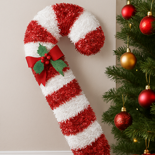 Decorative candy cane with a bow next to a Christmas tree with ornaments.