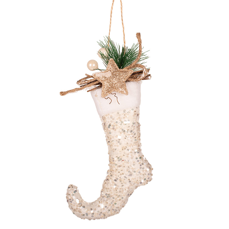 White Glitter Elf Boot Tree Ornament 13cm