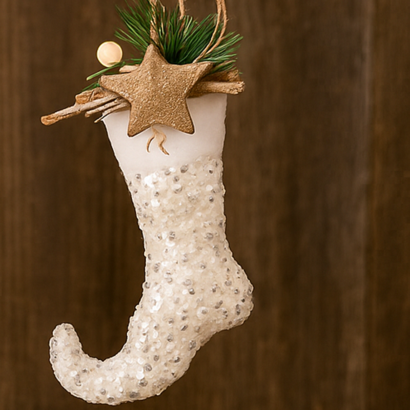 Decorative white stocking with sequins, a gold star, and greenery on a wooden background