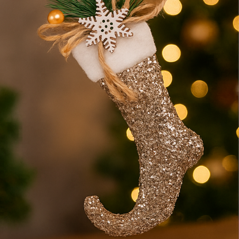 Gold glittery Christmas stocking with a snowflake ornament against a blurred festive background.