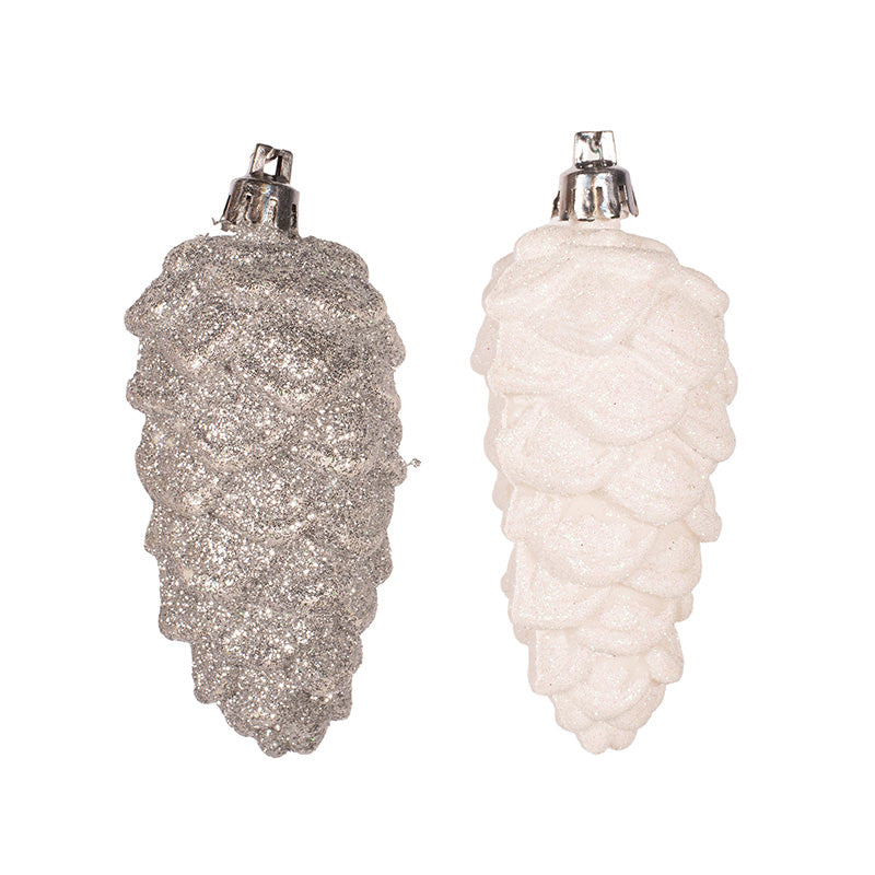 White & Silver Glitter Pinecones 9cm 3pk