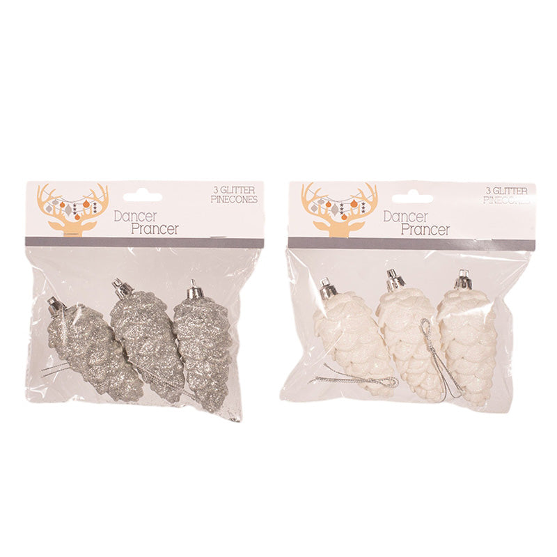 White & Silver Glitter Pinecones 9cm 3pk
