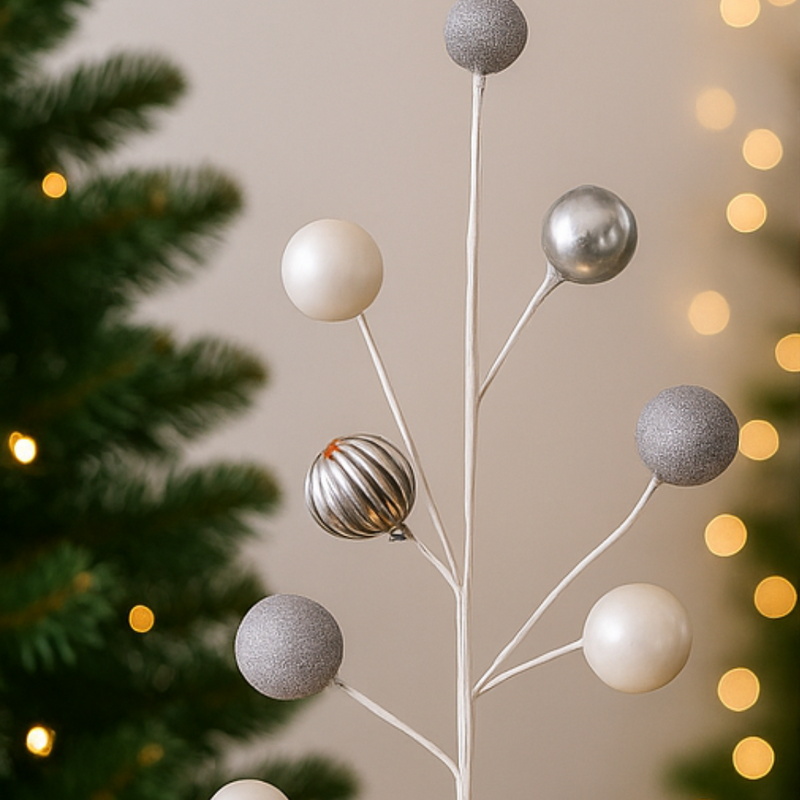 Decorative branch with spherical ornaments against a festive background