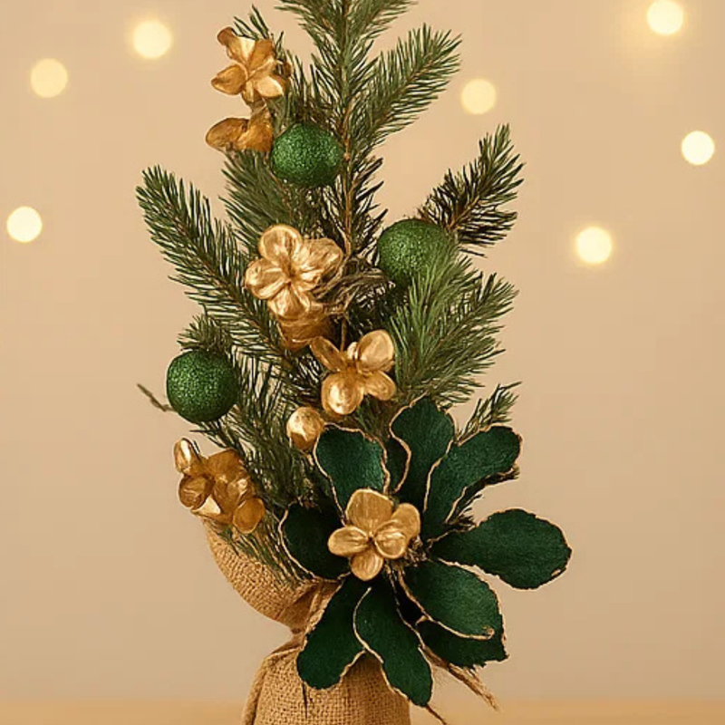 CHRISTMAS TREE W/GOLD LEAVES IN BURLAP POT 50CM