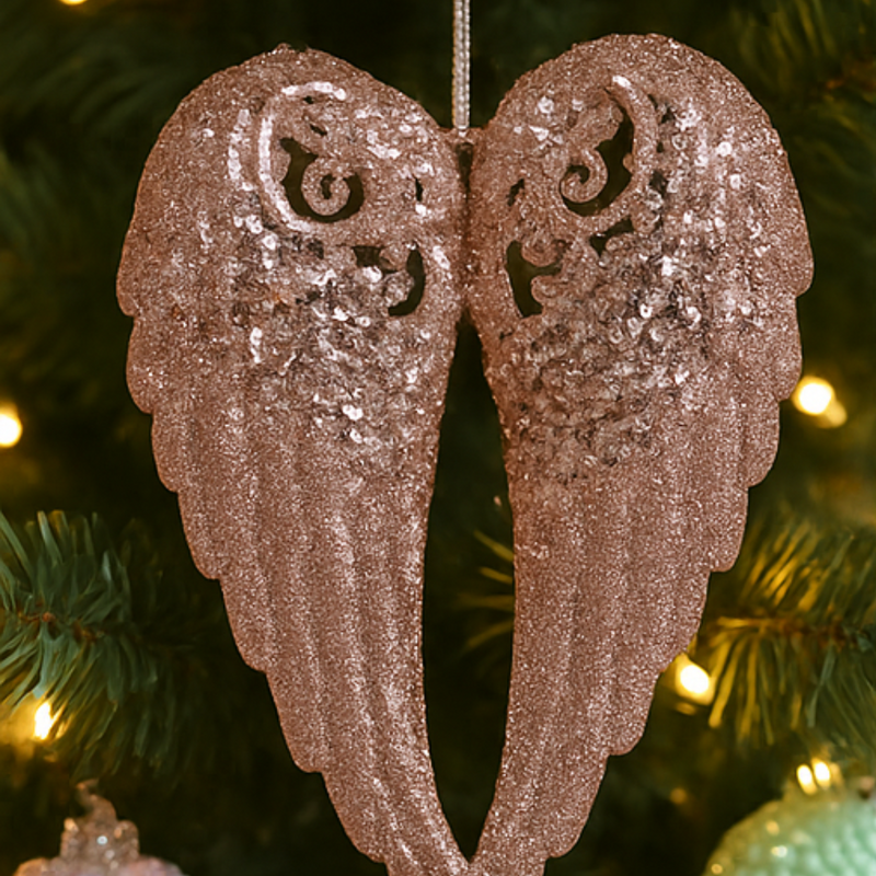Decorative angel wings ornament on a Christmas tree with lights in the background