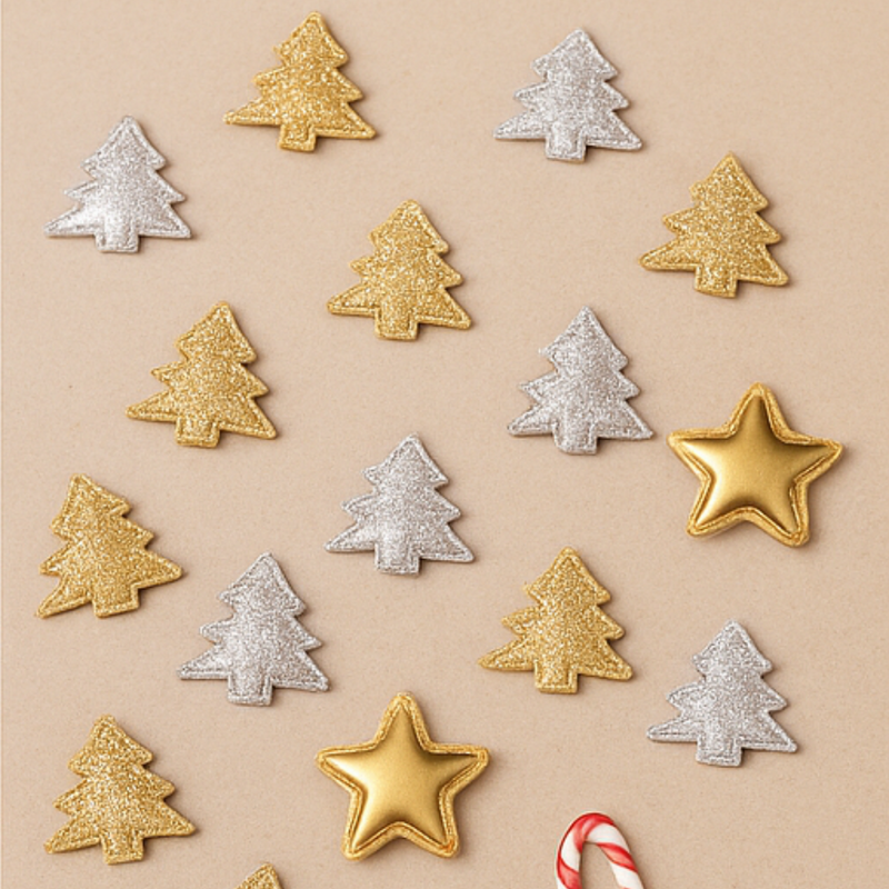Decorative Christmas tree and star ornaments on a beige background