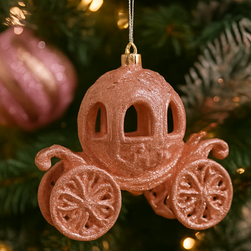 Decorative pink carriage ornament hanging on a Christmas tree.