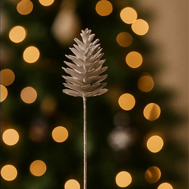 Decorative pine cone against a blurred Christmas tree with lights