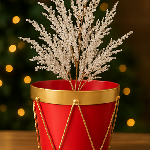 Decorative red container with gold rim and white branches against a blurred festive background