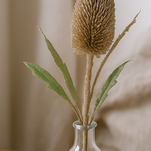 Decorative plant with dried brown leaves and green leaves in a clear glass vase against a neutral background