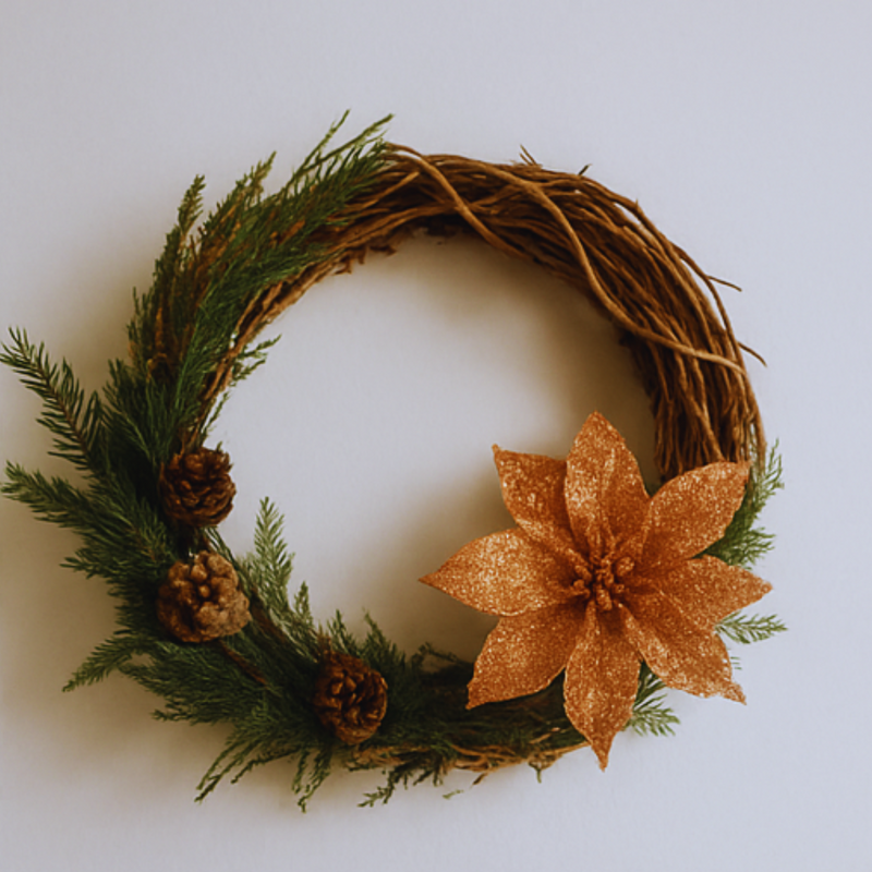 Decorative wreath with greenery and a gold poinsettia on a white background