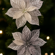 Decorative poinsettias with a glittery texture against a blurred Christmas tree background.