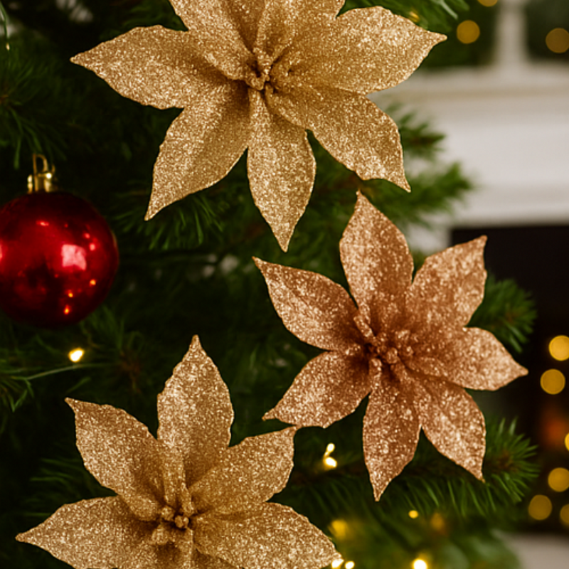 Gold glittery poinsettia flowers on a Christmas tree with blurred lights in the background
