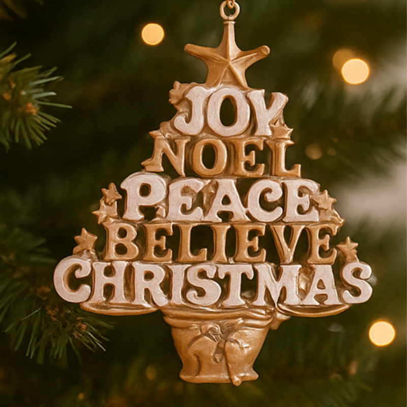 Decorative Christmas ornament with motivational phrases on a tree background